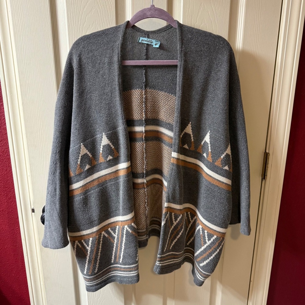 Goddess Women M/L Gray Aztec Boho‎ Kimono Cardigan Sweater